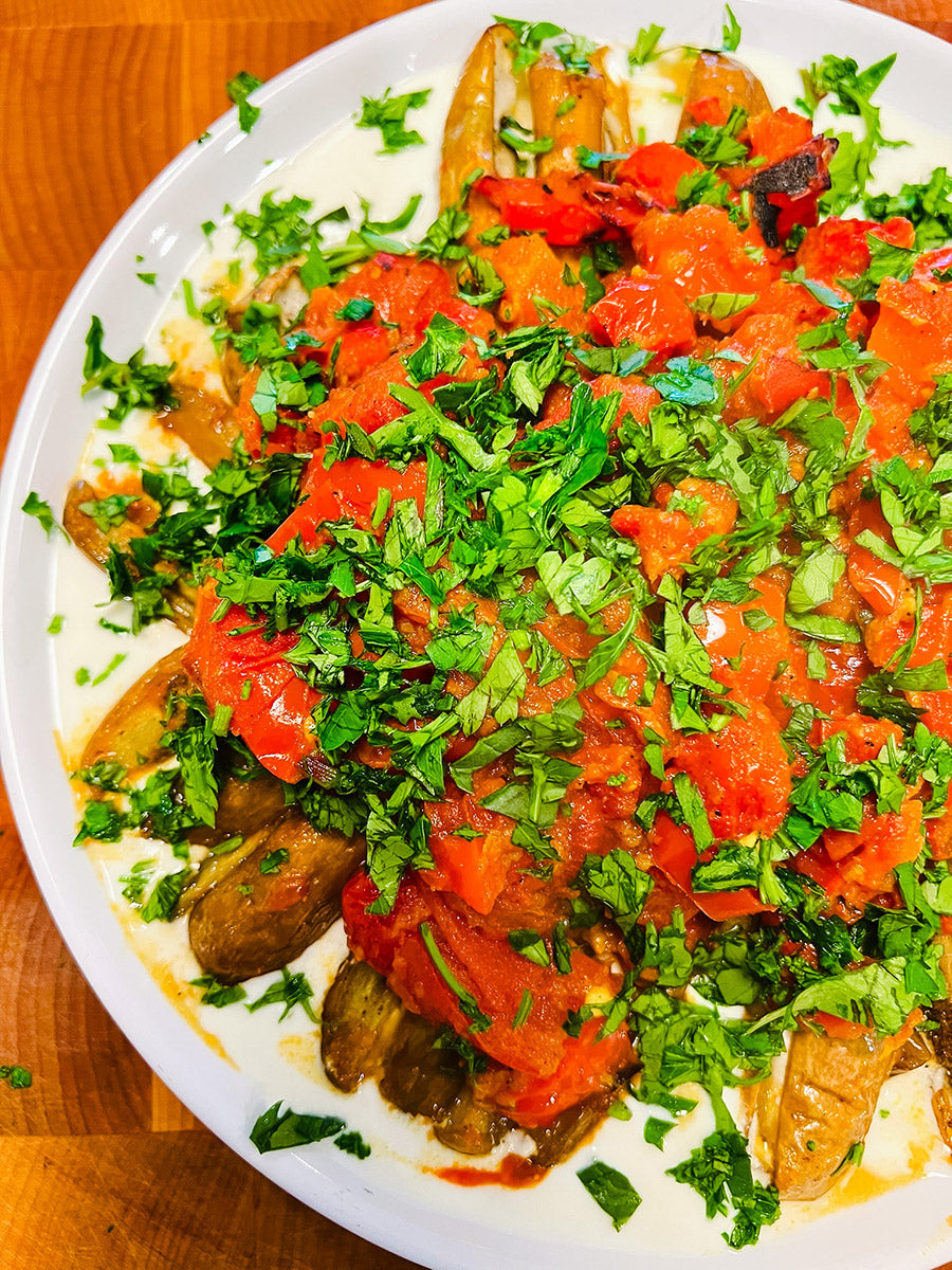 Eggplants with Stewed Tomatoes and Peppers