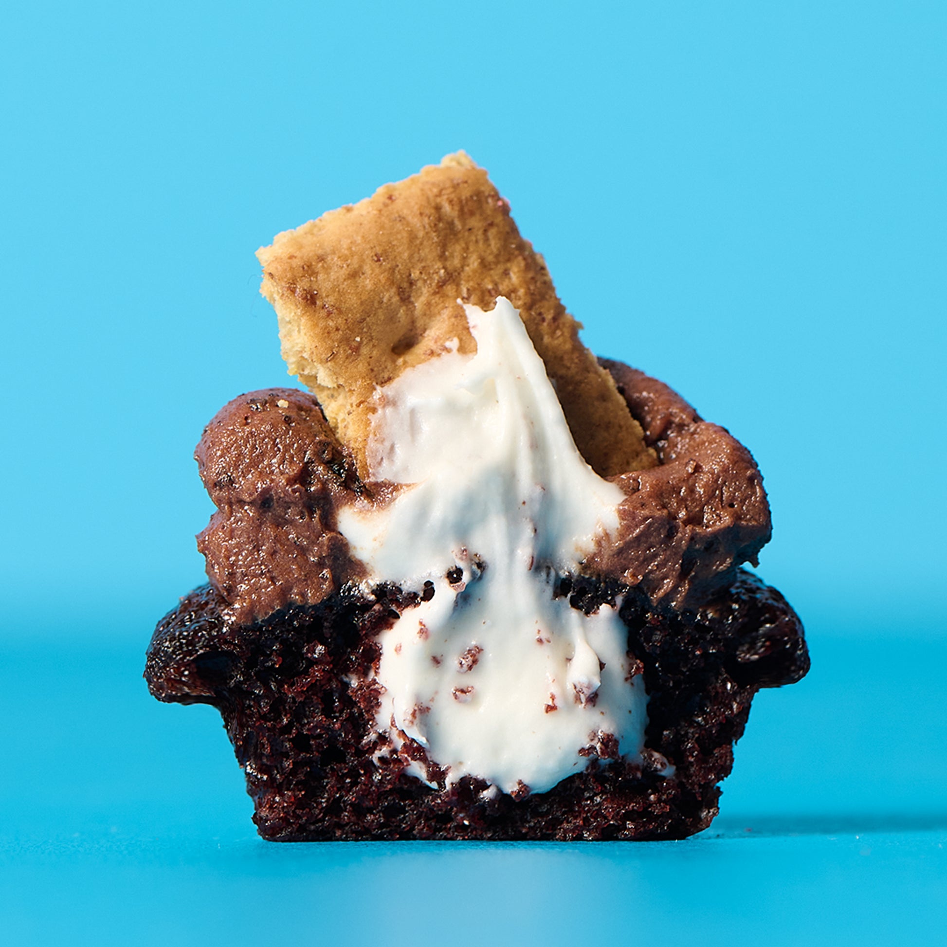 S'mores cupcake with marshmallow and graham cracker on a blue background