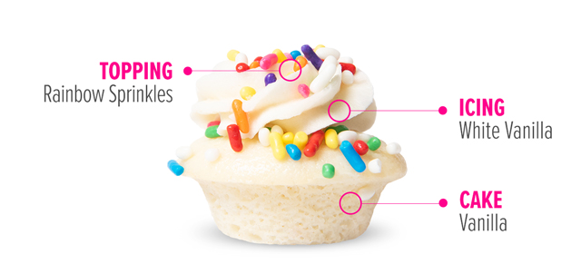 Topping: Rainbow Sprinkles, Icing: White Vanilla, Cake: Vanilla