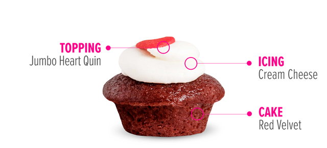 Topping: Jumbo Heart Quin, Icing: Crean Cheese, Cake: Red Velvet