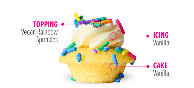 Topping: Rainbow Sprinkles, Icing: White Vanilla, Cake: Vanilla